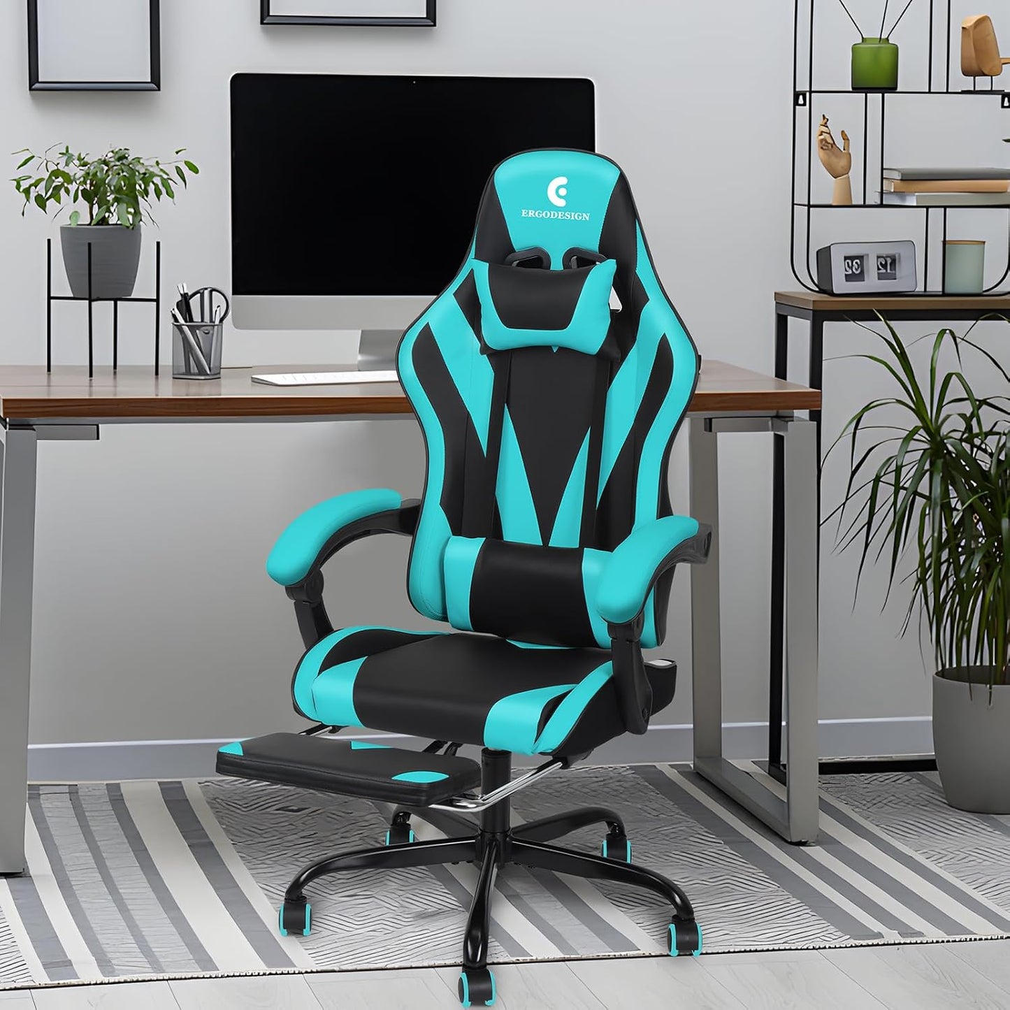 Gaming Chair with Linkage Armrest & Footrest, High Back Video Gaming Chair, Black/Light Blue