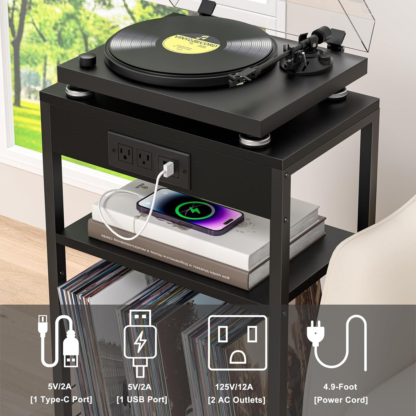 LELELINKY 3 Tier End Table with Charging Station, Black Record Player Stand with Storage Up to 100 Albums Brown, Night Stand with USB Port, Nightstand for Small Spaces