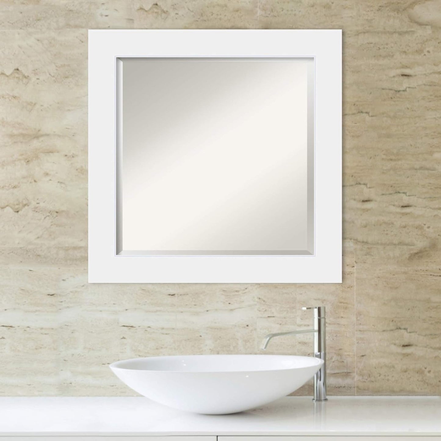 Amanti Art White Bathroom Mirror for Over Sink, 25x25 Corvino White Square Vanity Mirror, Medium Modern Contemporary Wood Frame, Hangs Horizonally and Vertically, Bathroom Wall Decor, Beveled Edge