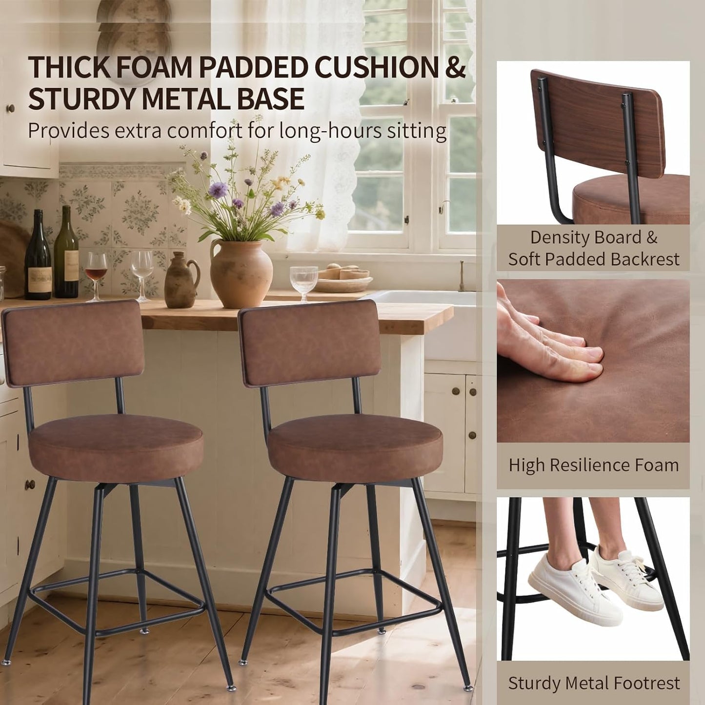 Bar Stools Set of 2, 25 Inch Swivel Bar Stools Bar Chairs, Faux Leather Counter Height Bar Stools with Backrest, Stools for Kitchen Counter Island Rustic Farmhouse, Brown