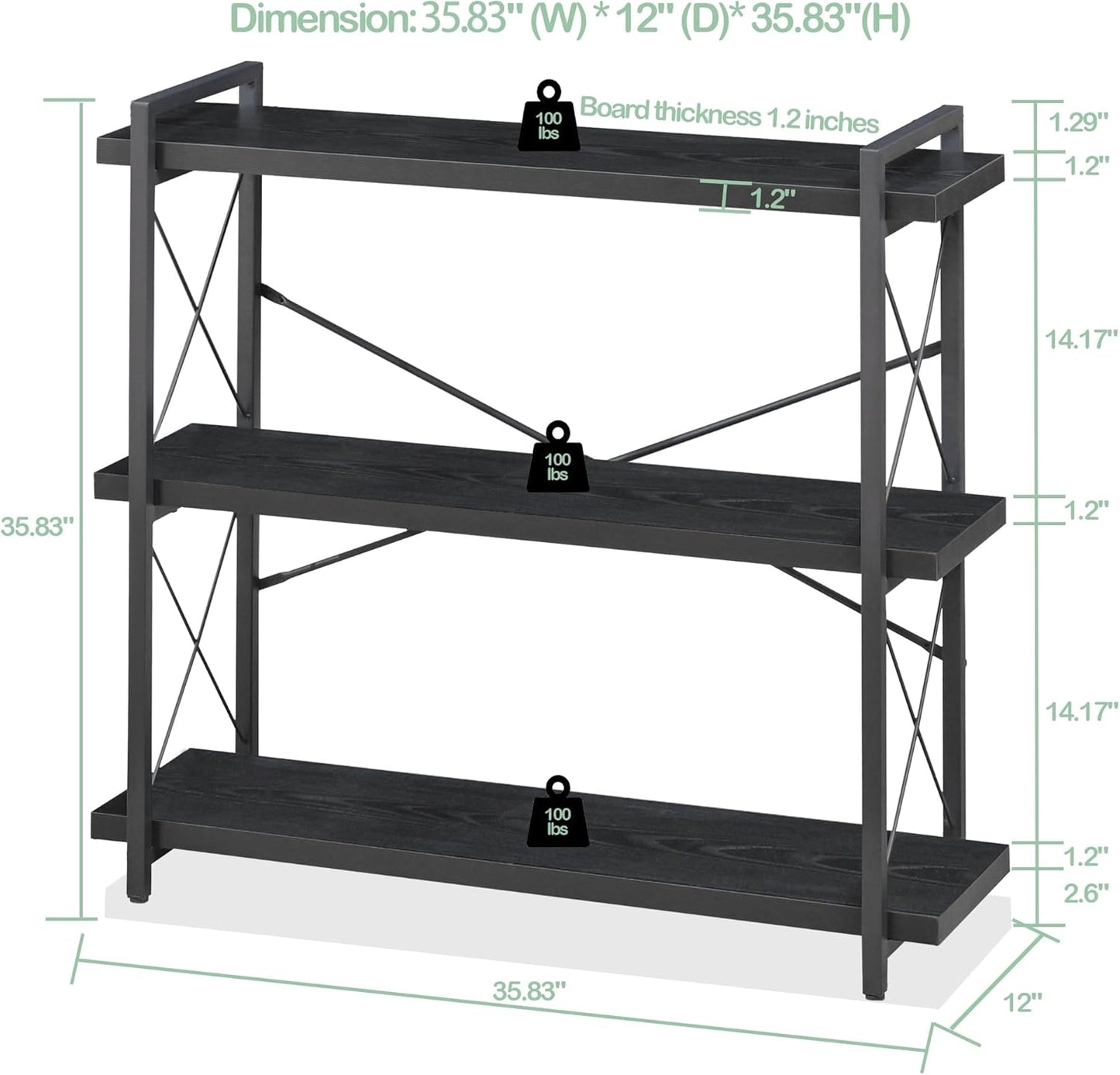 HCHQHS Bookshelf, 3-Tier Industrial Bookcase, Black Open Book Shelf, Freestanding Horizontal Bookshelves with Metal Frame