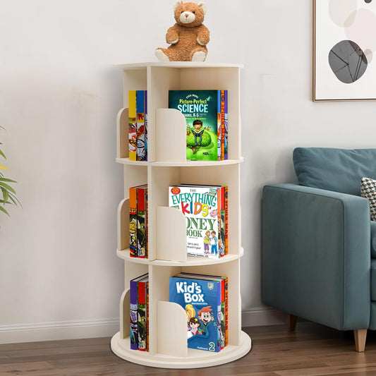 Rotating Kids Bookshelf – 3-Tier 360° Spinning Bookcase Tower, Solid Pine Wood, 12 Cubbies, Toddler Bookshelf Organizer & Lazy-Susan Storage for Nursery, Classroom or Playroom (Natural Finish)
