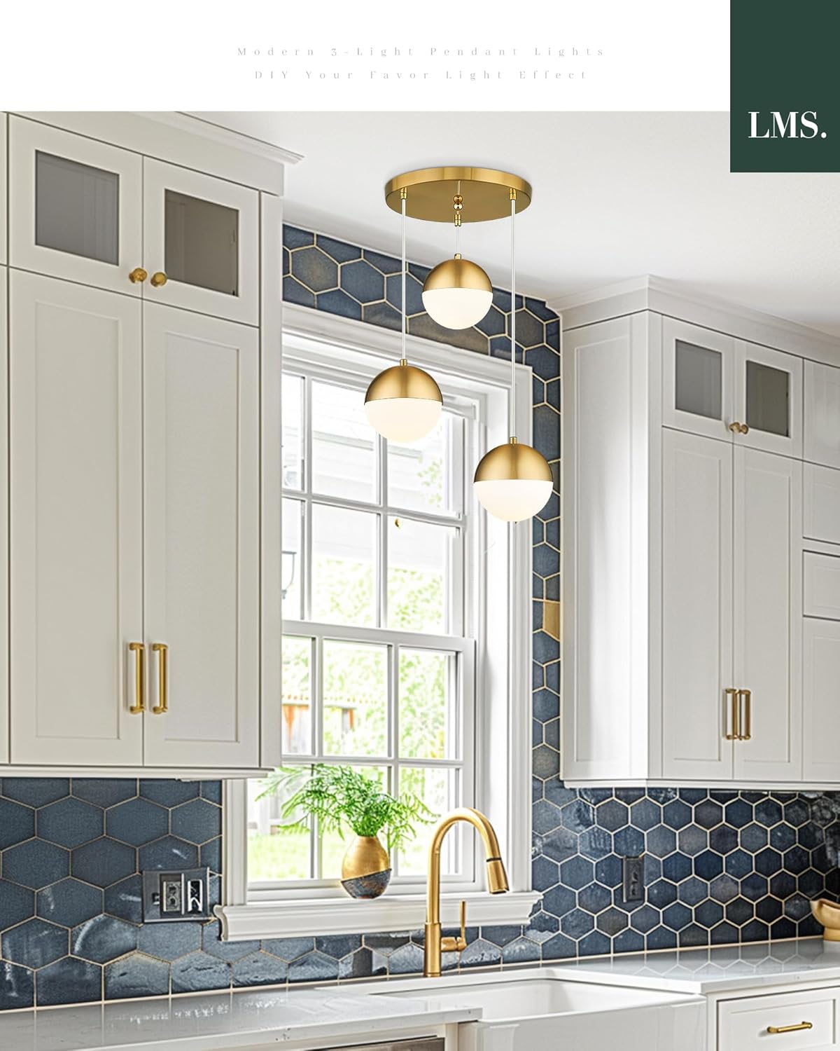LMS Brushed Gold 3-Light Cluster Pendant Lights, Modern Kitchen Island Lighting with White Globe Glass Shade, Adjustable Hanging Cord Ceiling Light for Bathroom Bedroom Dining Room, LMS-186BG3