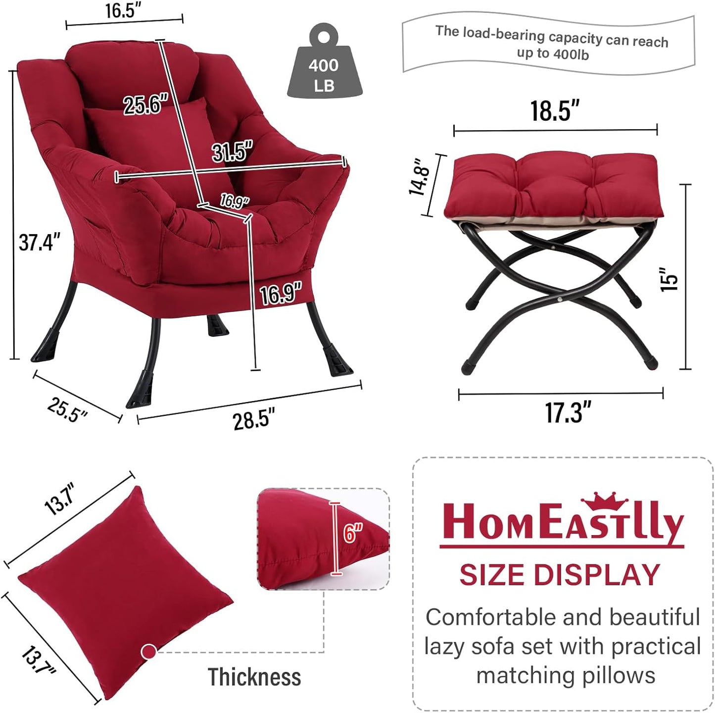 Lazy Chair with Ottoman, Modern Lounge Armchair with a Pillow, Leisure Sofa Armchair Set, Reading Chair with Footrest for Living Room, Bedroom, Office, Dorm Room, Peach Burgundy