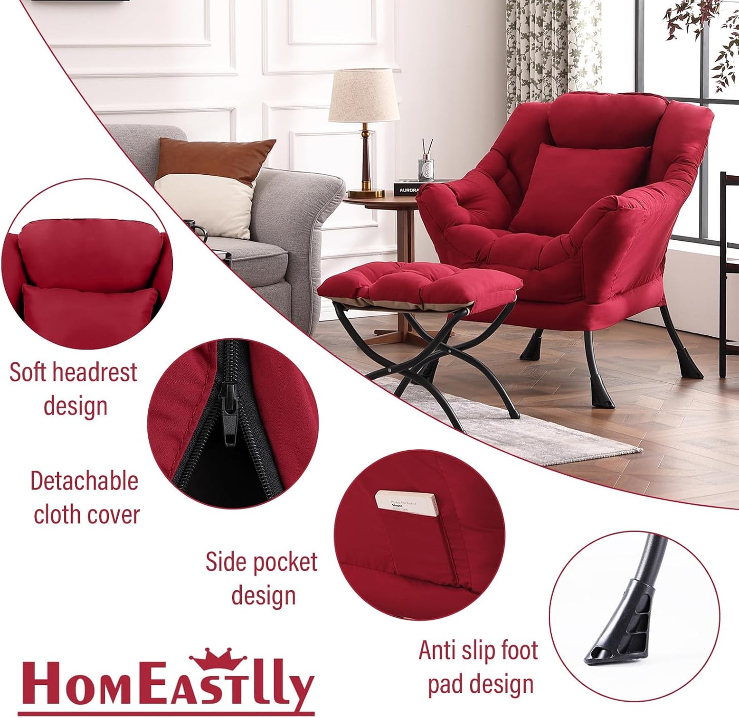 Lazy Chair with Ottoman, Modern Lounge Armchair with a Pillow, Leisure Sofa Armchair Set, Reading Chair with Footrest for Living Room, Bedroom, Office, Dorm Room, Peach Burgundy