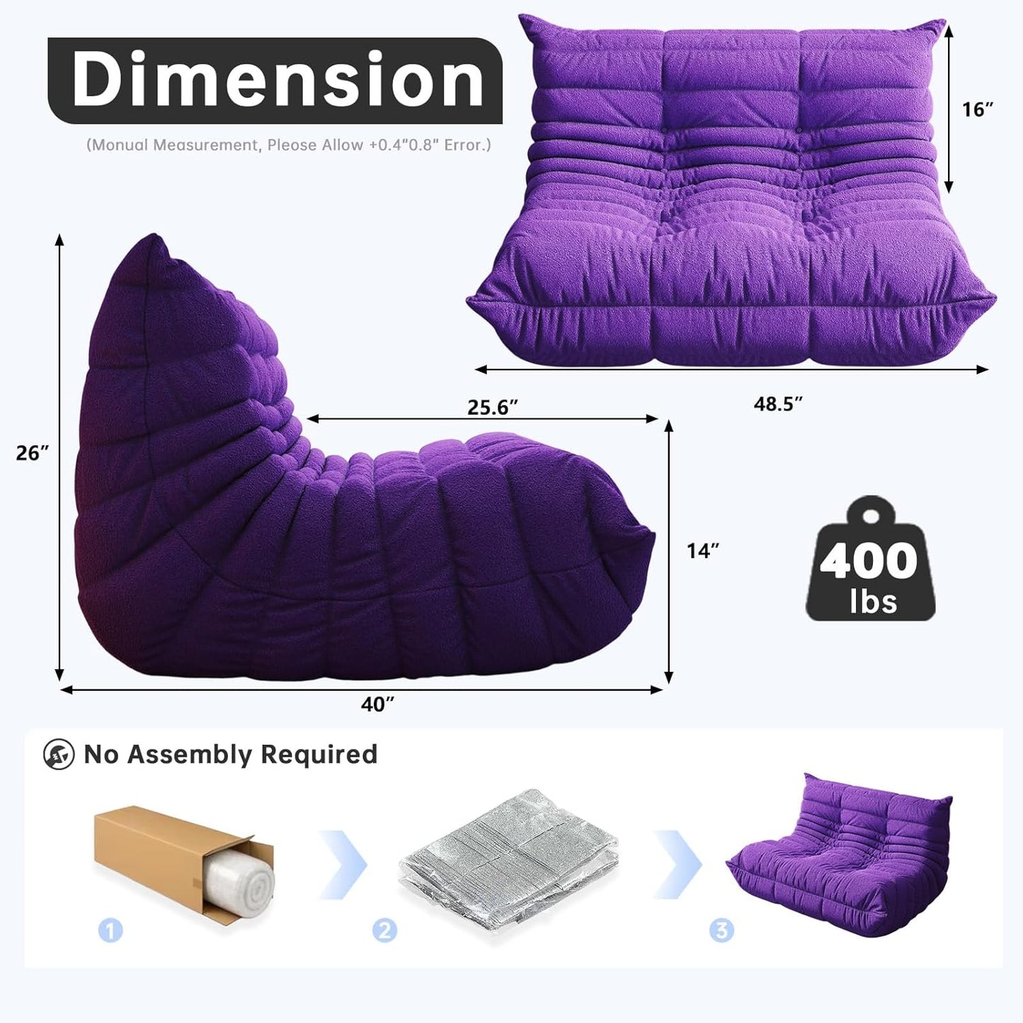 Bean Bag Chairs for Adults, Memory Foam Couch Loveseat Sofa Chair, Soft Teddy Material Cozy Comfy Reading Nook Chairs, Floor Chair for Living Room Bedroom Office(Purple)
