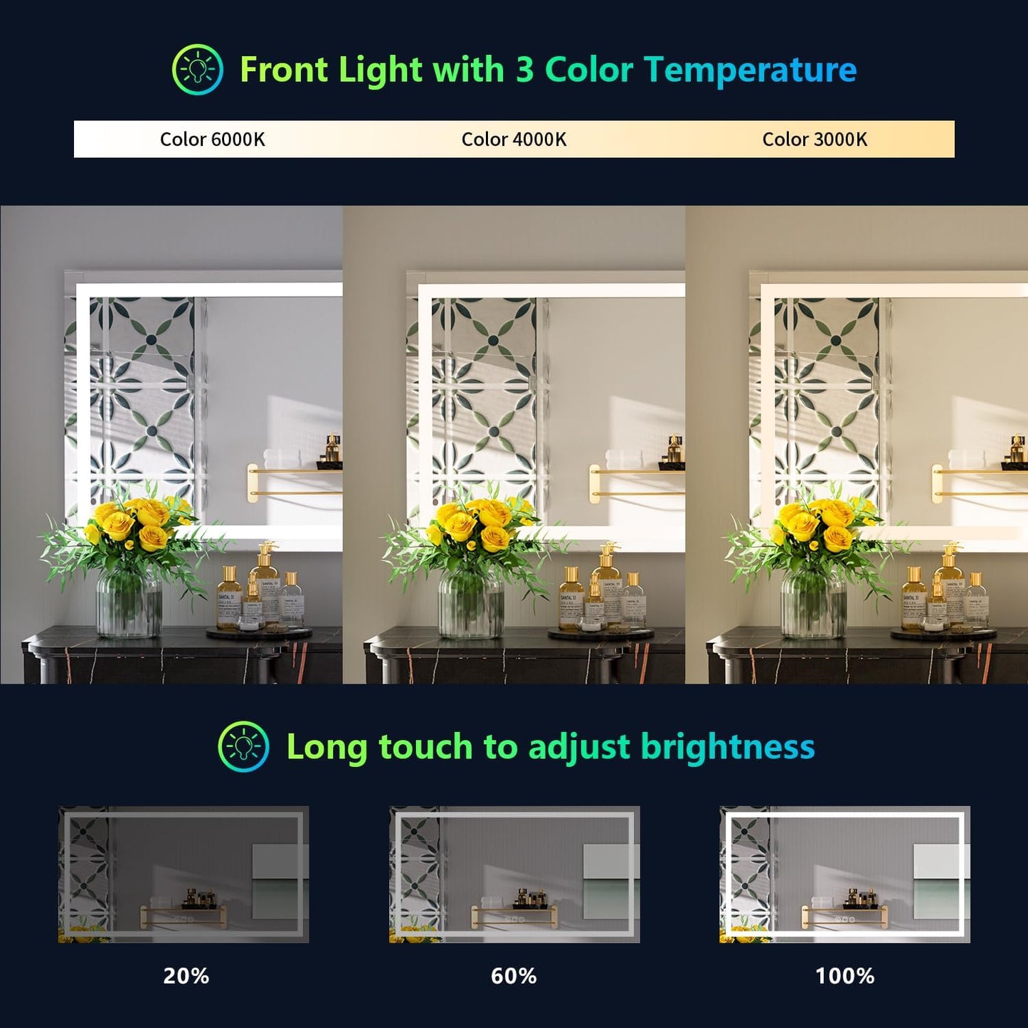 51x40 Inch RGB LED Bathroom Mirror Front Light and RGB Backlit Lighted Vanity Mirror for Bathroom Wall Mounted Dimmable Anti Fog Memory Shatter-Proof IP54 Waterproof Horizontal/Vertical