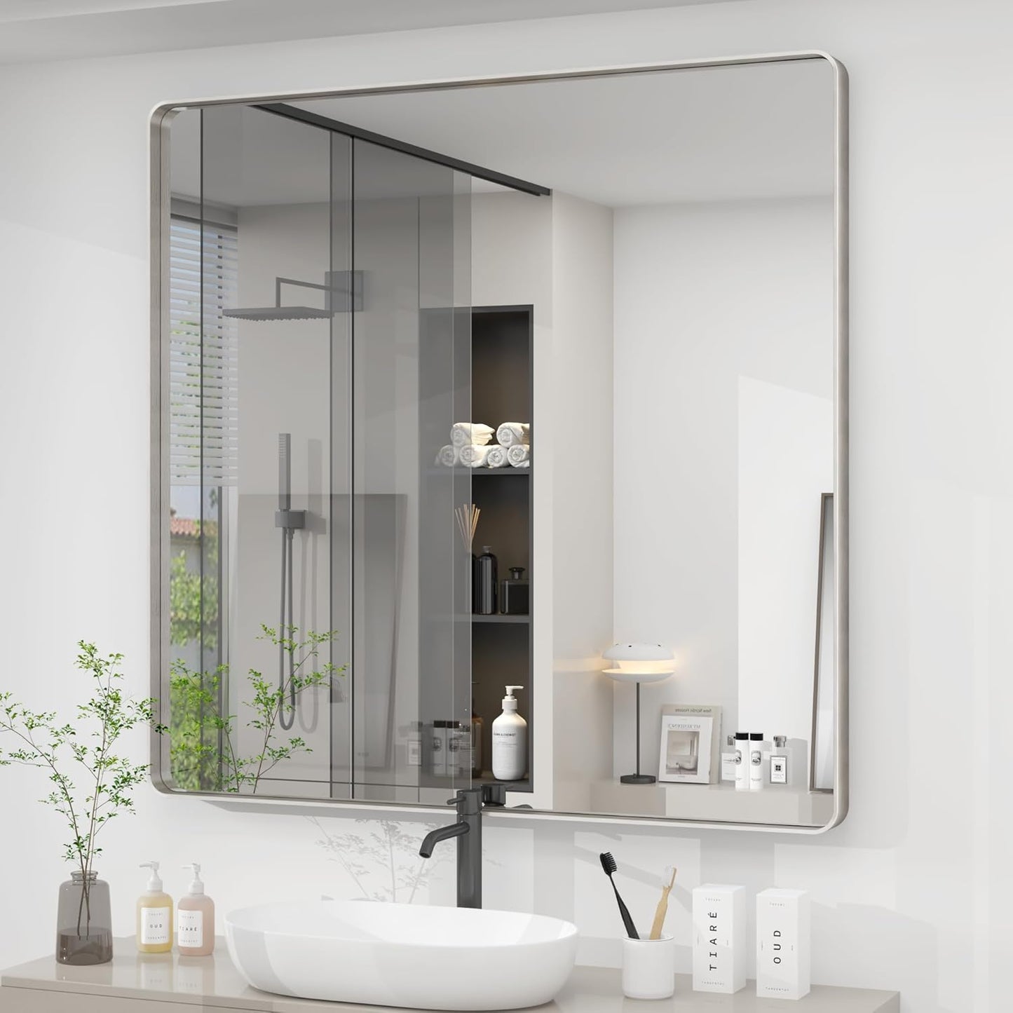 36x36 Silver Square Bathroom Mirror for Wall, Brushed Metal Framed Bathroom Vanity Mirror, Rounded Rectangle Silver Mirror, Shatterproof, Anti-Rust (Horizontal/Vertical)