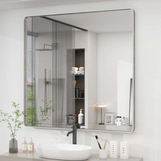36x36 Silver Square Bathroom Mirror for Wall, Brushed Metal Framed Bathroom Vanity Mirror, Rounded Rectangle Silver Mirror, Shatterproof, Anti-Rust (Horizontal/Vertical)