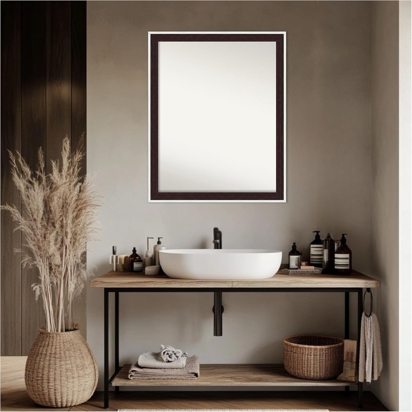 Amanti Art Bathroom Mirror for Over Sink, 25x31 Maya Espresso Silver Rectangle Vanity Mirror, Large Modern Contemporary Frame, Hangs Horizonally and Vertically, Bathroom Wall Decor, Non-Beveled Edge