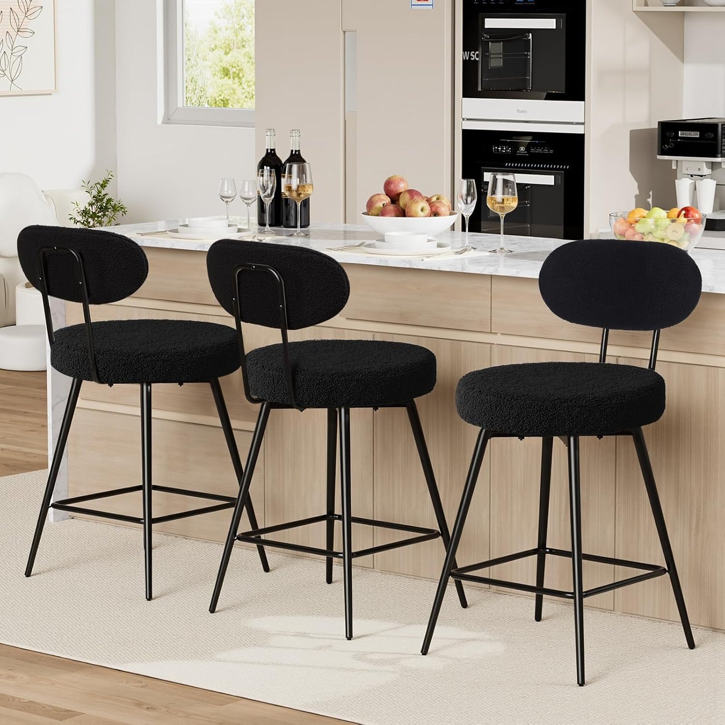 HOMMPA Swivel Bar Stools Set of 3 Counter Height Bar Stools Chiars 26'' Boucle Upholstered Modern Counter Barstools with Back Metal Legs Bar Chairs for Kitchen Counter Island Black