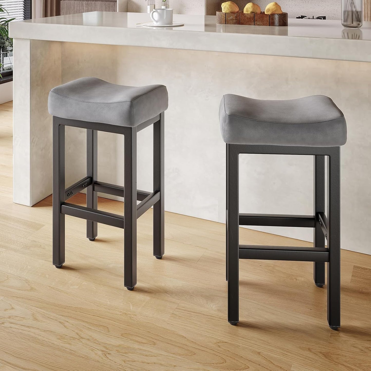 29 Inch Bar Height Bar Stools Set of 2, 29" Barstools for Kitchen Island Counter, Backless Bonded Leather Bar Height Stools with Thick Saddle Seats & Heavy Duty Metal Base, Easy Assembly, Gray/Black
