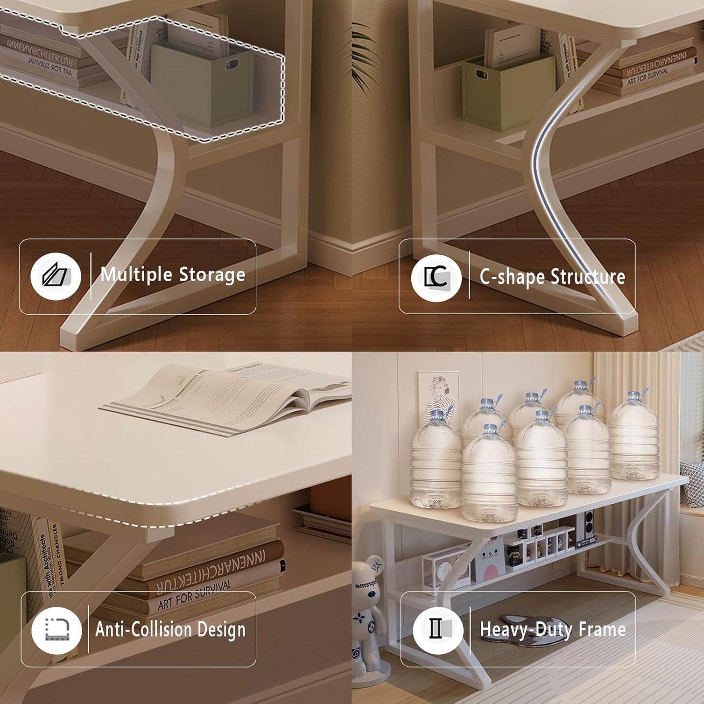 Extra Long Desk with Bookshelf - 63" Double Long Writing Table for 2-Person Workstation, Modern Study Work Computer Desk for Home and Office, Gold
