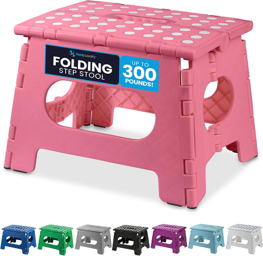 Handy Laundry - Folding Step Stool - Sturdy Enough Collapsible Stool to Support Adults and Safe Enough for Kids - Opens Easy with One Flip - Great for Kitchen, Bathroom or Bedroom (Pink - 9 Inch)