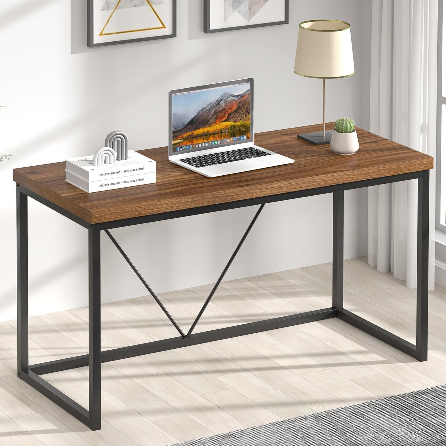 FOLUBAN Modern Computer Desk, Rustic Wood and Metal Study Writing Table, Simple Work Gaming PC Desk for Home Office, Walnut 53 Inch