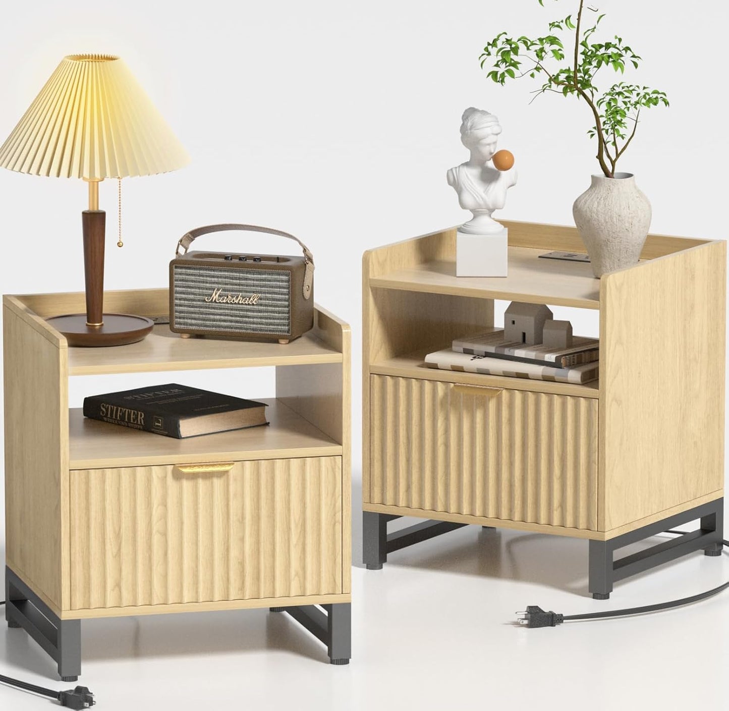 Fluted Night Stand Set 2 with Charging Station, Wood Nightstand with Large Drawer and Open Storage Cabinet, Mid-Century Modern Bedside Table End Table for Bedroom Closet Office