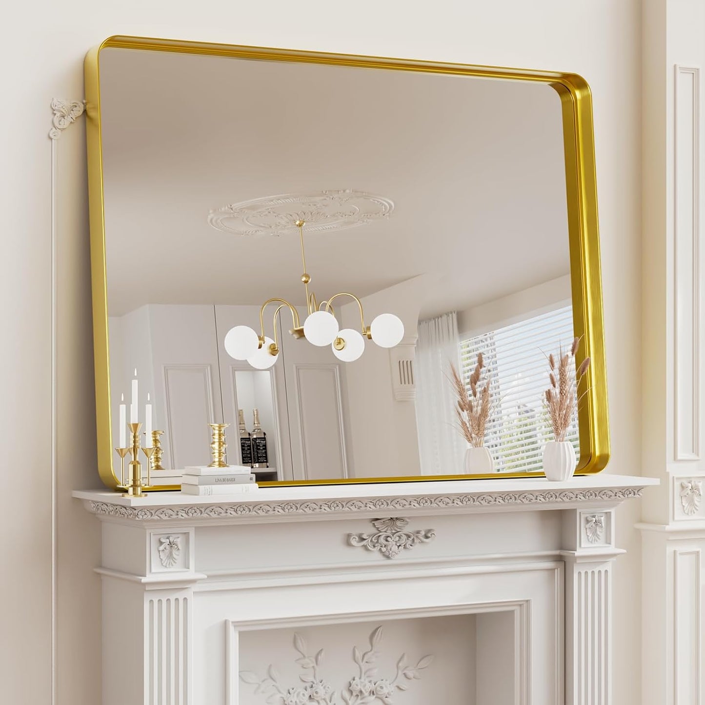 Koonmi Gold Bathroom Mirror for Wall, 36x48 Inch Matte Metal Deep Framed Rounded Corner Wall Mirror, Shatterproof Tempered Glass for Farmhouse Bedroom Entryway, Vertically or Horizontally