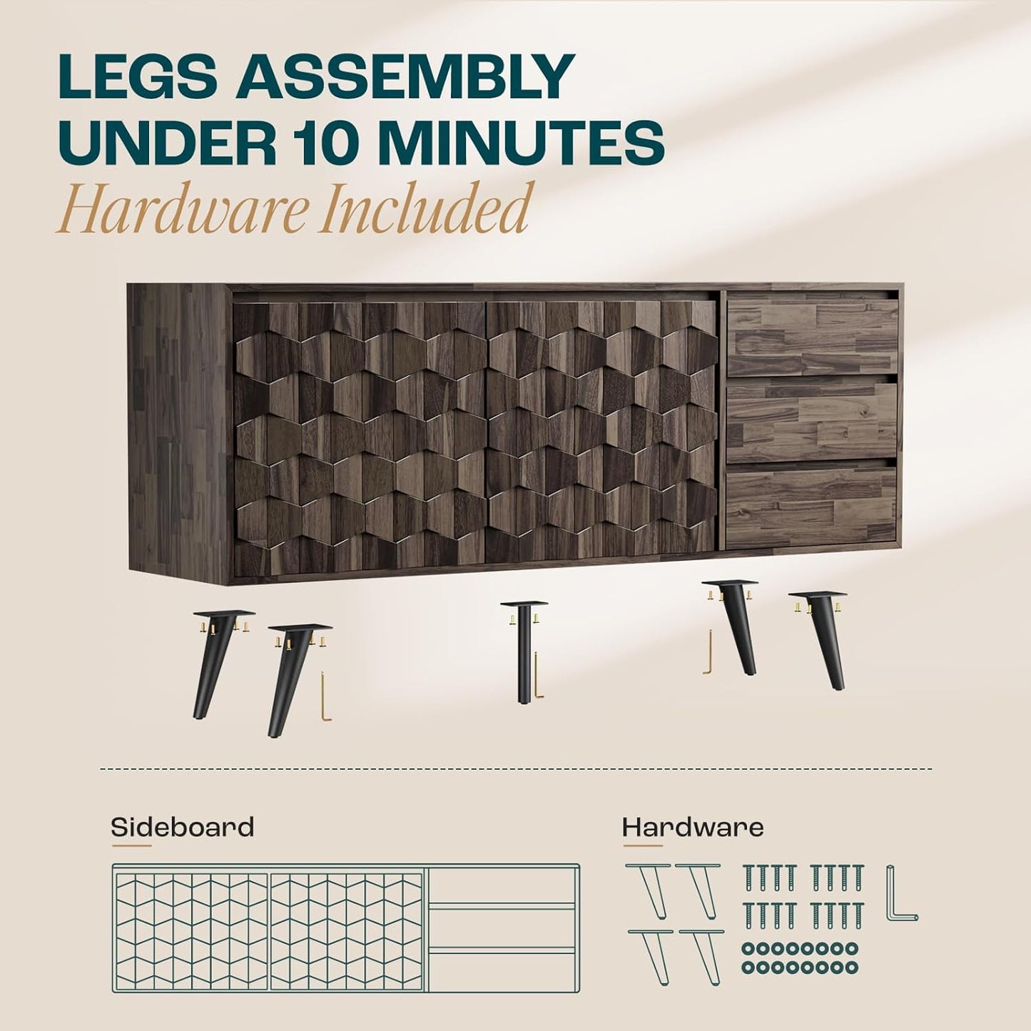 Bme Georgina Solid Wood Sideboard with Geometric Pattern, 2 Doors and 3 Drawers, 61 Inch Mid Century Modern Sideboard Cabinet for Kitchen, Dining Room, Living Room, Mocha