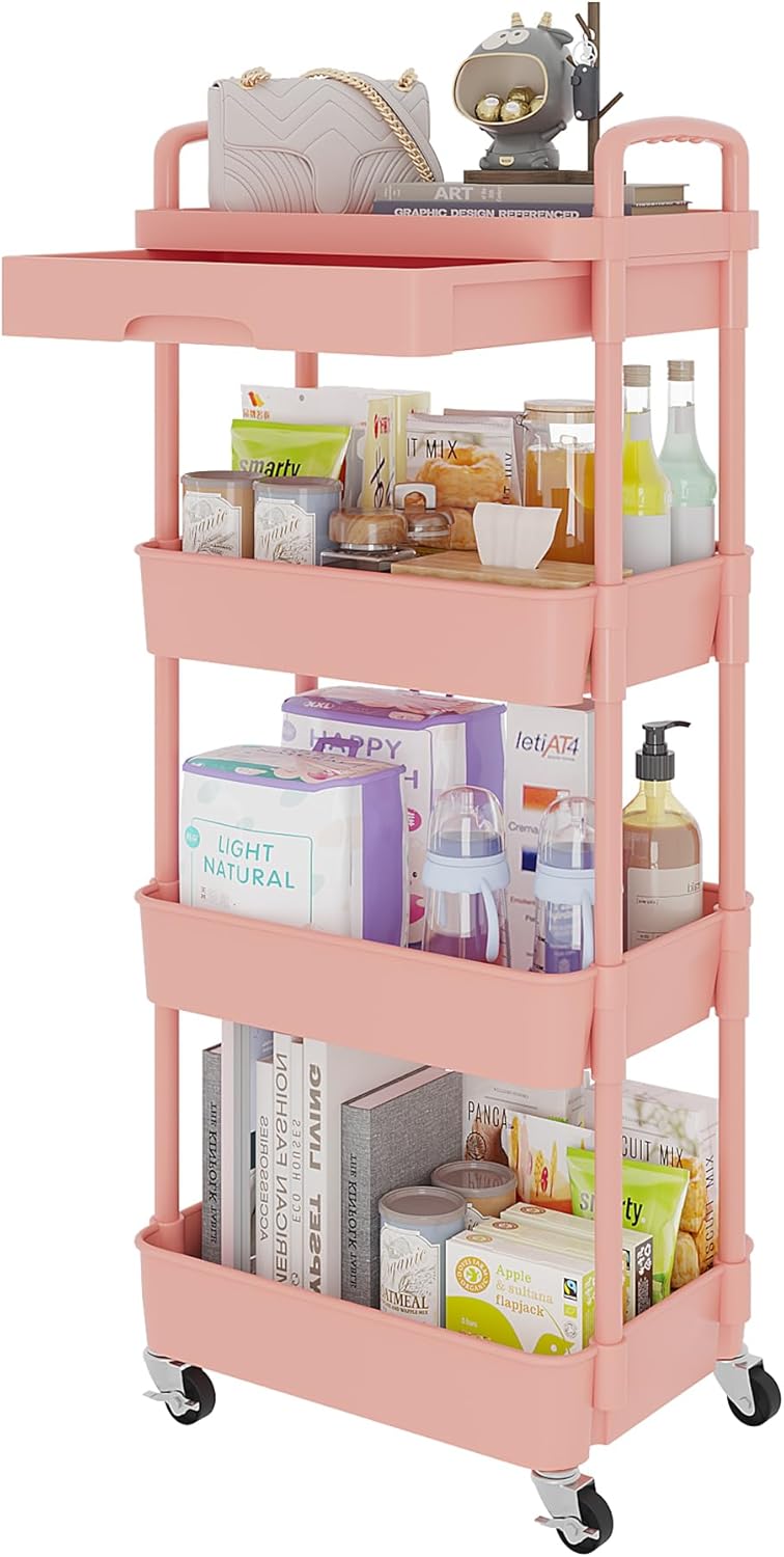 Calmootey 4-Tier Rolling Utility Cart with Drawer,Multifunctional Storage Organizer with Plastic Shelf & Metal Wheel,Storage Cart for Kitchen,Bathroom,Living Room,Office,Pink