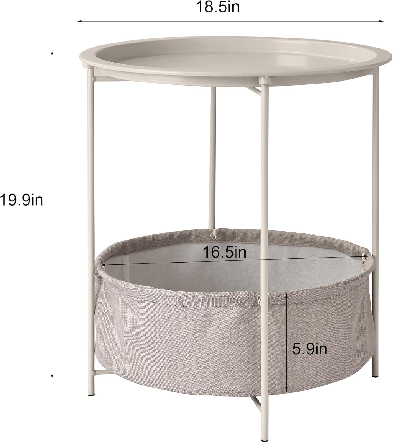 VECELO Round Side/End Table with Fabric Storage Basket，Metal Anti-Rust and Waterproof Small Bedside Nightstand with Removable Tray Top for Living Room，Balcony & Laundry，Grey /2pcs with Basket
