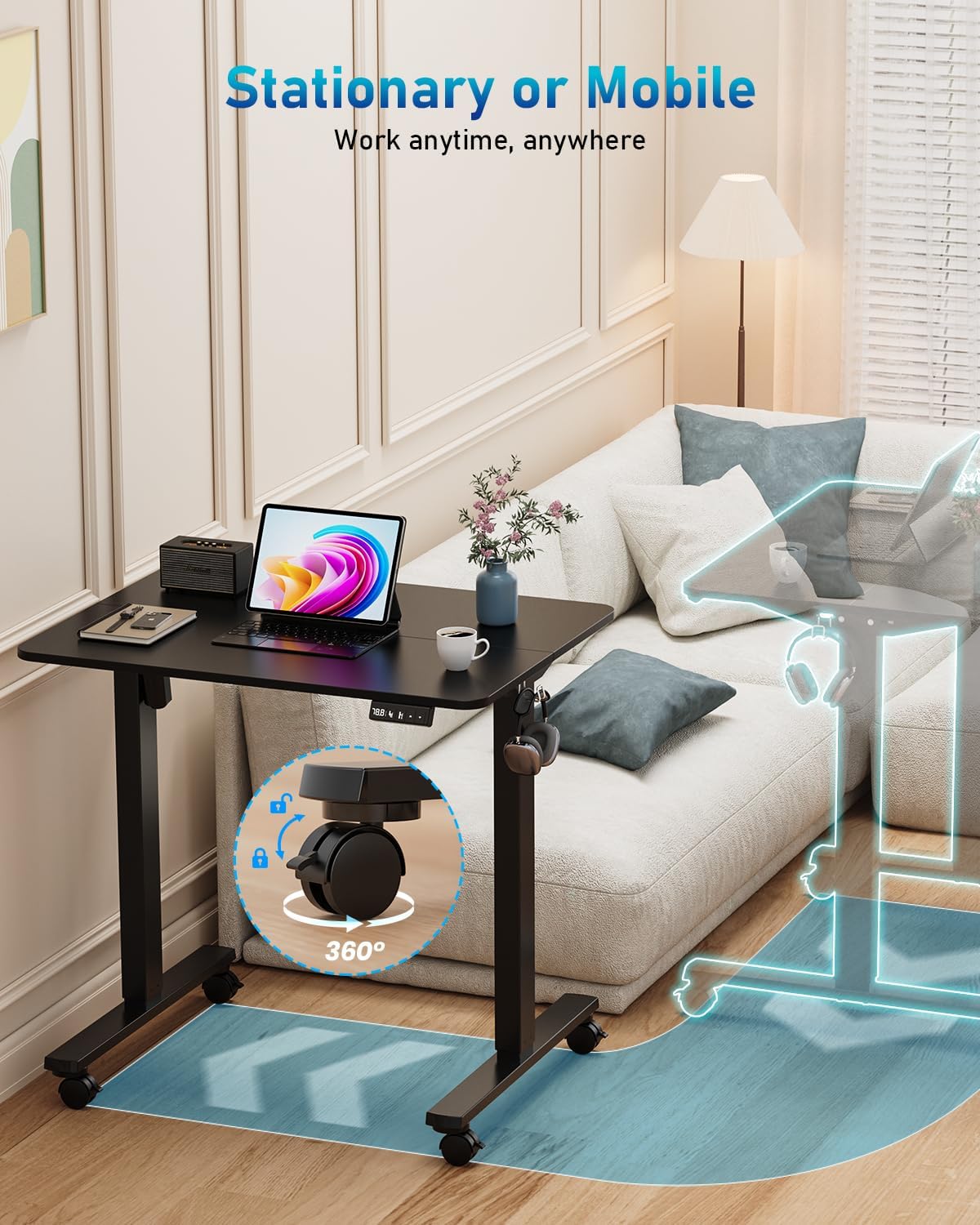 Small Height Adjustable Electric Standing Desk, 31.5" x 23.6" Sit Stand up Desk with Splice Board, Ergonomic Rising Computer Home Office Desk Table with Memory Preset, Black Frame/Black Top