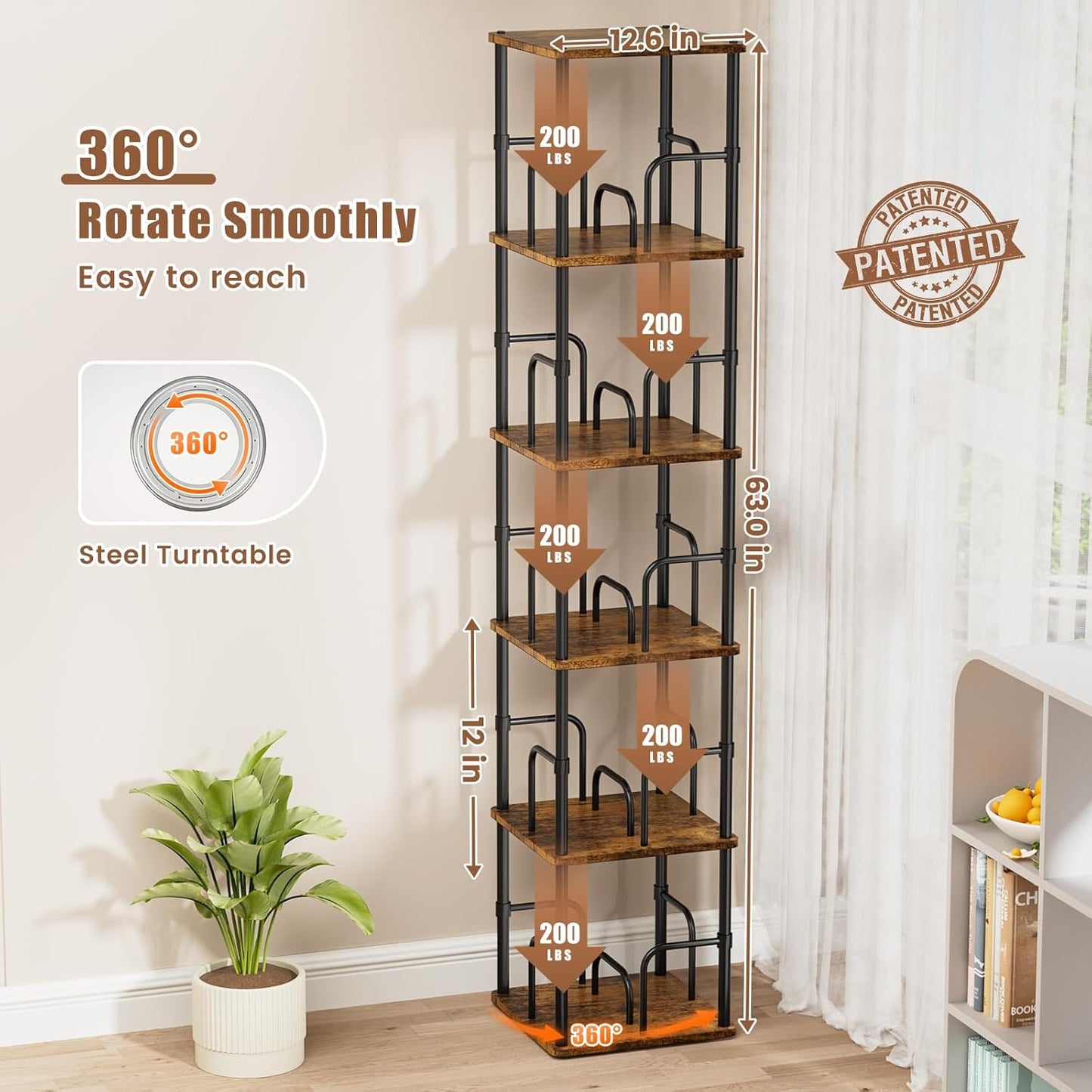 5 Tier Square Rotating Bookshelf, 360 ° Display Stackable Spinning Bookshelf Tower, Space Saving Tall Floor Standing Swivel Bookcase Corner Storage Organizer for Living Room, Rustic Brown, Small Size