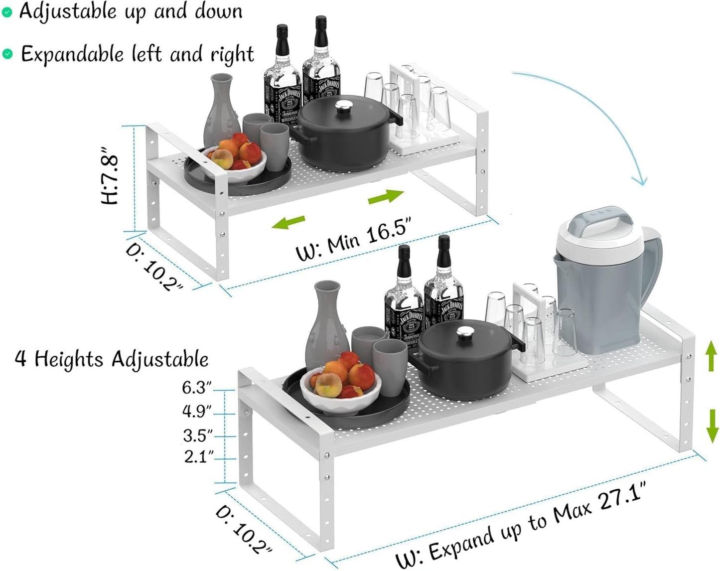 Expandable Stackable Aadjustable Shoe Rack Pantry Shelf for Kitchen Cabinets Counter Shelves Countertop Cupboard Storage Solution,Sturdy Heavy-Duty Metal Construction(2Packs/White/Large)