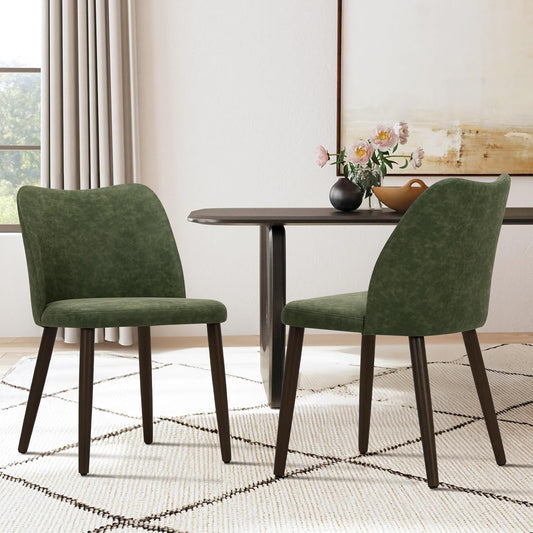 COLAMY Upholstered Dining Chairs Set of 2, Modern PU Leather Dining Room Kitchen Side Chair with Padded Seat and Wood Legs Restaurant/Cafe, Green