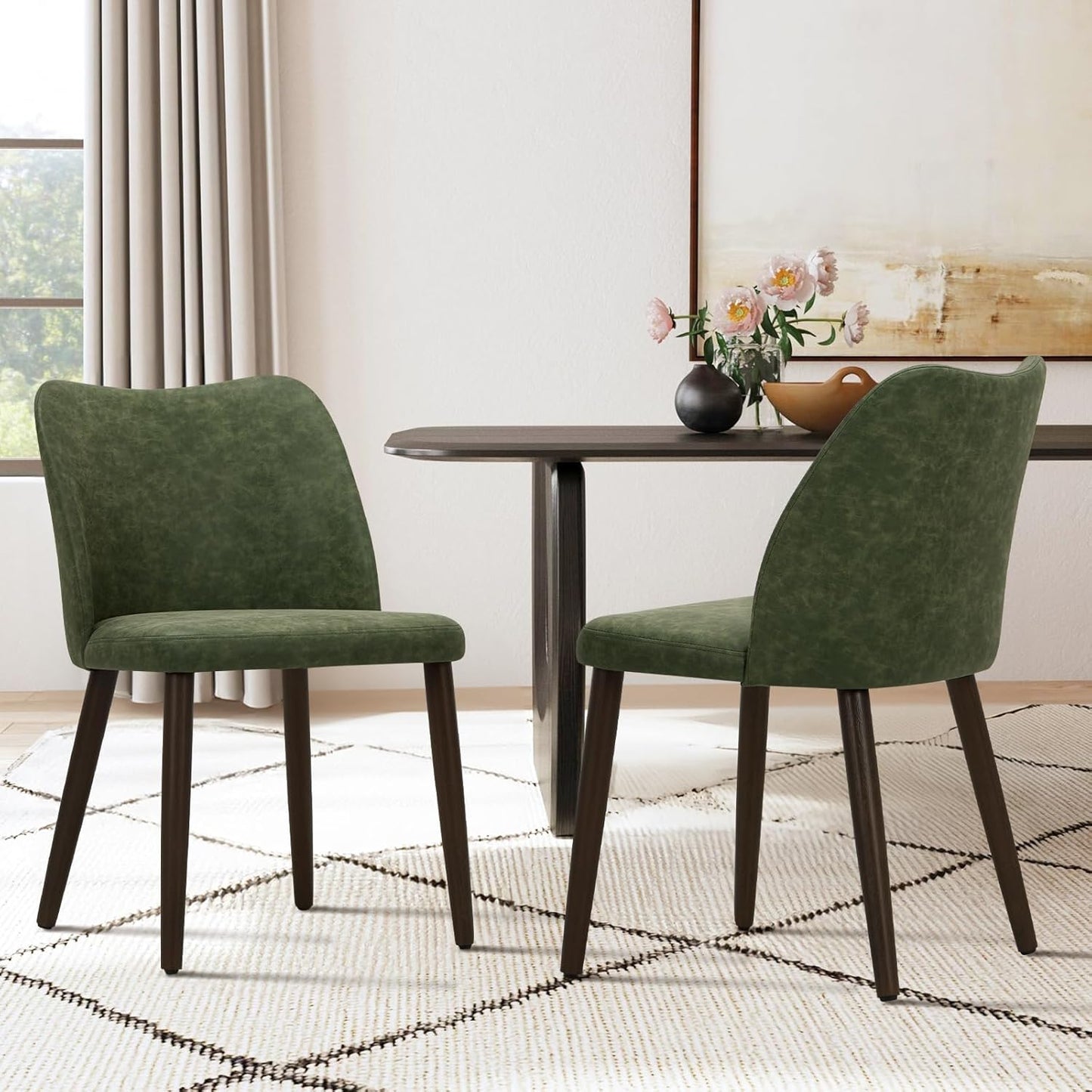 COLAMY Upholstered Dining Chairs Set of 4, Modern PU Leather Dining Room Kitchen Side Chair with Padded Seat and Wood Legs Restaurant/Cafe, Green