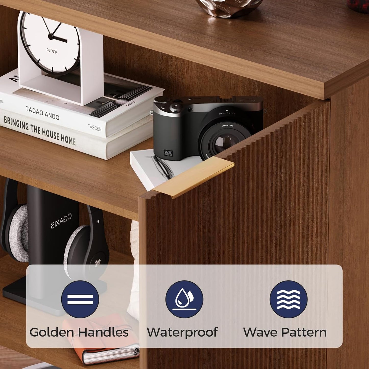 Fluted Buffet Cabinet – Modern Wood Sideboard with 2-Doors & Shelves, Multifunctional Storage Cabinet & Credenzas for Entryway, Dining & Living Room, Walnut