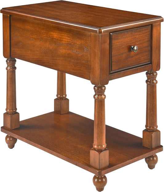 Narrow End Table with Drawer and Open Storage Shelf, Solid Wood Sofa Side Table for Living Room, Beside Table,Telephone Table for Small Spaces, No-Tools Assembly Caramel Brown BBJ004DR