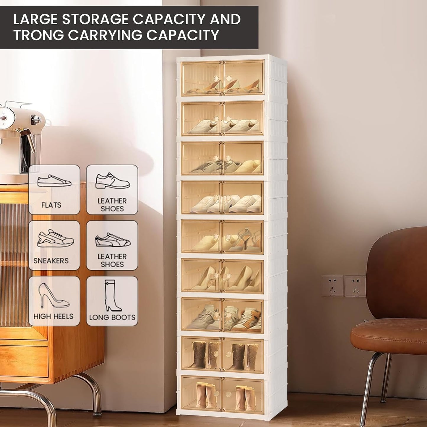 Foldable Shoe Organizer Storage Box, Portable Extra Large Folding Shoe Rack for Closet, Shoe Storage Box with Magnetic Transparent Door and Wheels, 9 Layers 18 Grids.