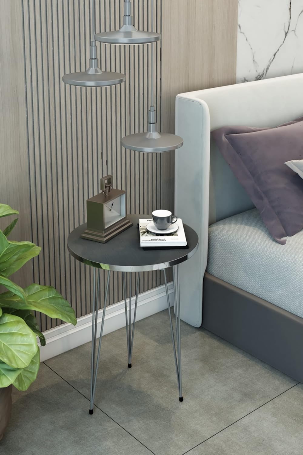 PAK HOME - Set of 2 End Table - High Gloss Grey Wood Round Sofa Side Coffee Tables for Small Spaces, Nightstand Bedside Table with Metal Silver Legs for Small Spaces