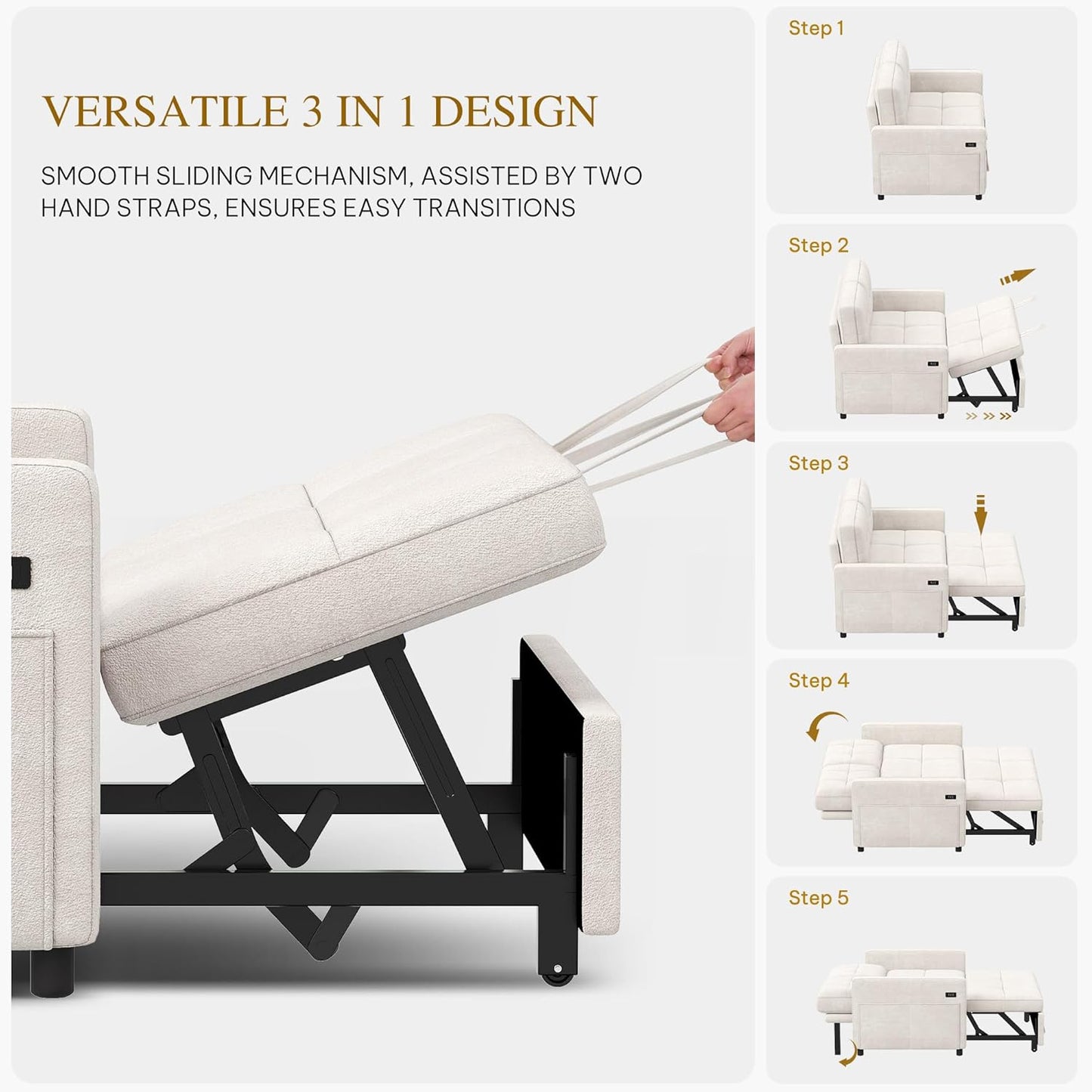 DWVO 55" Convertible Sofa Bed, 3-in-1 Sleeper Sofa with Pull-Out Couch, Velvet Futon Couch with Adjustable Backrest and USB, Modern Loveseat for Living Room Apartment, Light Beige