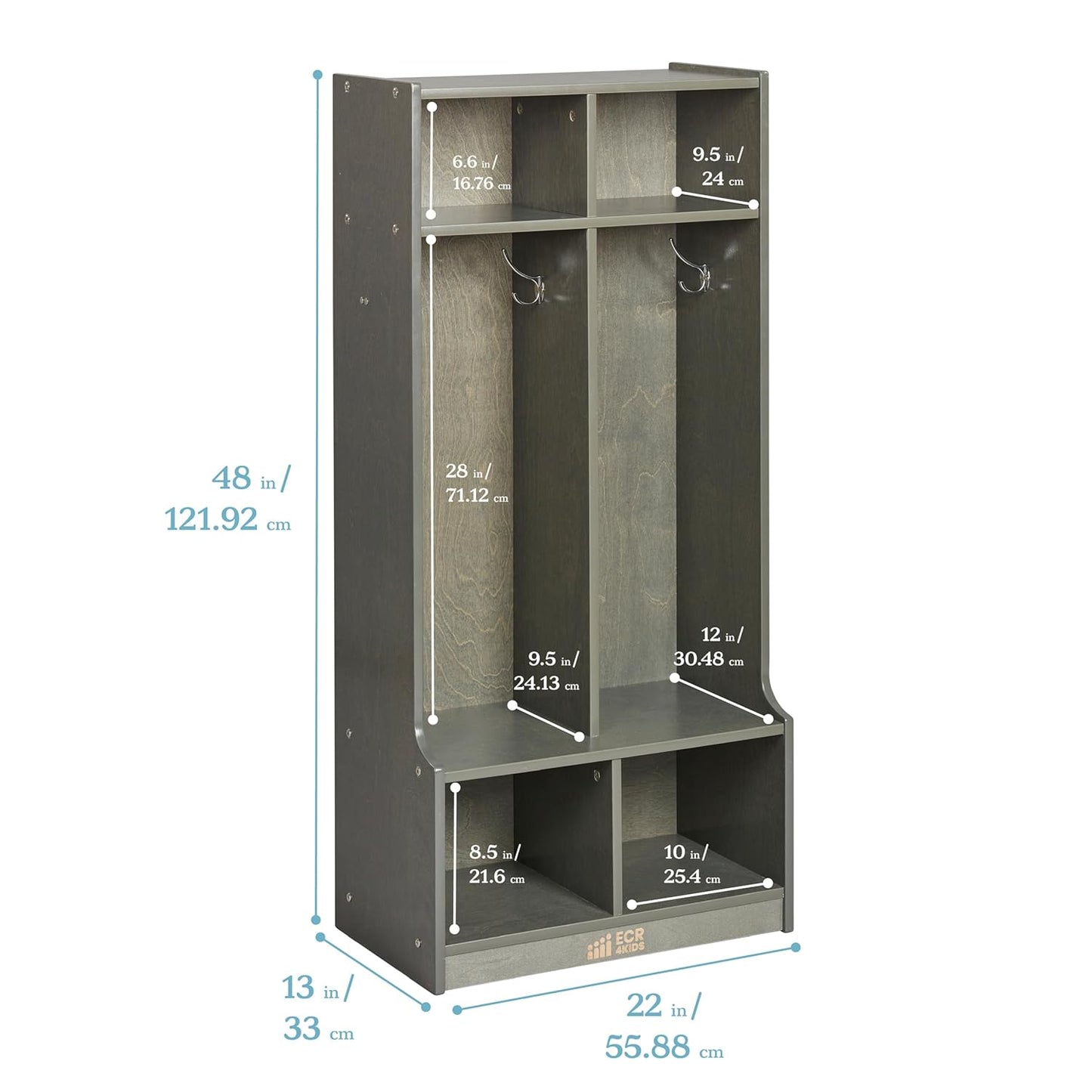 ECR4Kids 2-Section Coat Locker with Bench, Classroom Furniture, Grey Wash
