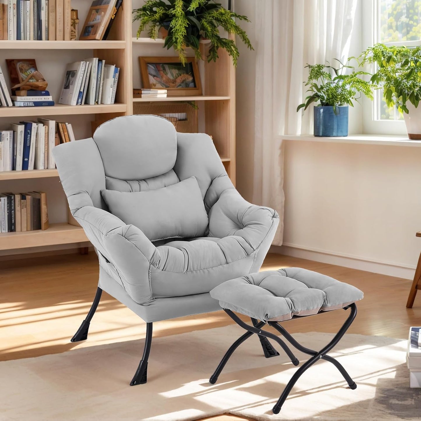 Lazy Chair with Ottoman, Modern Lounge Chair with Lumbar Pillow, Accent Cozy Reading Armchair and Folding Footstool for Bedroom, Dorm, Living Room,Light Grey