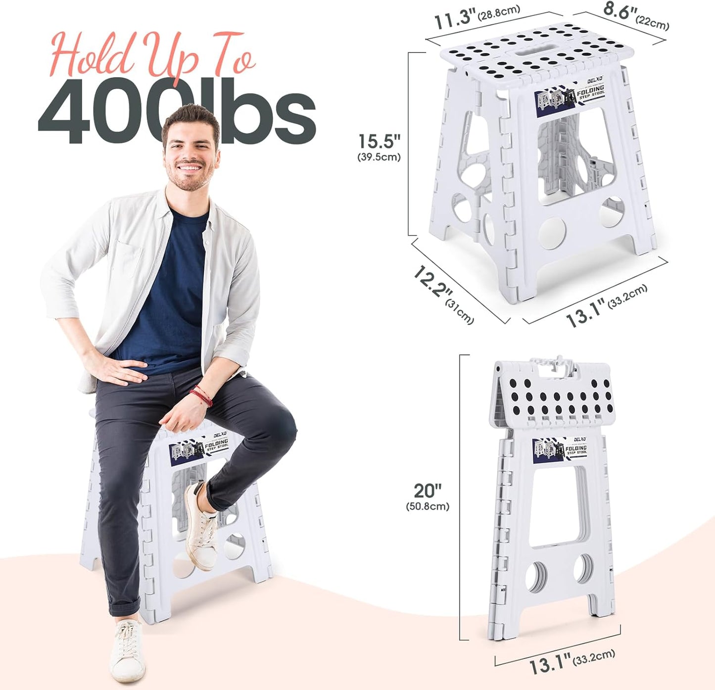 Delxo 16 Inch Folding Step Stool, White Step Stools Foldable,Portable Collapsible Step Stool with Handle, Folding Stool for Kitchen Bathroom,Bedroom,Garden