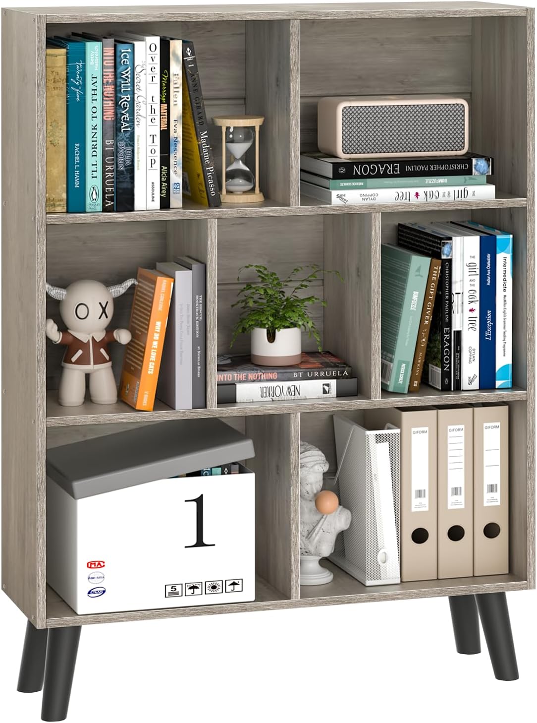LEYAOYAO 7 Cube Bookshelf, 3 Tier Modern Bookcase with Legs, Mid-Century Modern Wood Book Shelves Storage, Retro Grey Book Case, Freestanding Organizer Display Shelf for Bedroom,Living Room,Office