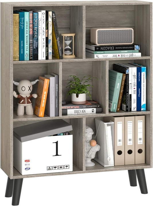 LEYAOYAO 7 Cube Bookshelf, 3 Tier Modern Bookcase with Legs, Mid-Century Modern Wood Book Shelves Storage, Retro Grey Book Case, Freestanding Organizer Display Shelf for Bedroom,Living Room,Office