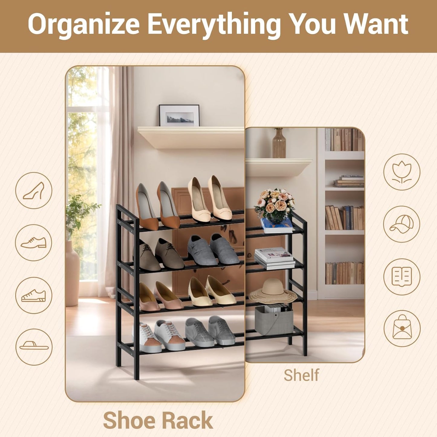 Haddockway Bamboo Shoe Rack for Closet, Free Standing Shoe Organizer with Smooth Round Rods & Convenient Handles, Stackable Shoe Storage Shelf for Entryway, Hallway(Black, 4-Tier)