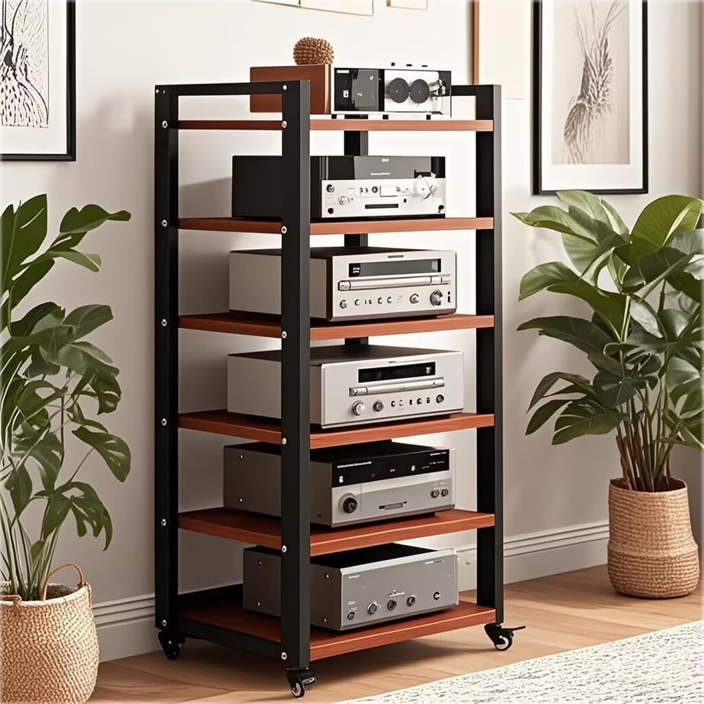 6 Tier Audio Rack Tower, CD Record Player Stereo Receiver AV Equipment Cabinet Display Rack, Weight capacity 661 lbs, with Adjustable Wooden Shelves for Home (TEAKWOOD, 6 TIER 47×19.7×15.7IN)