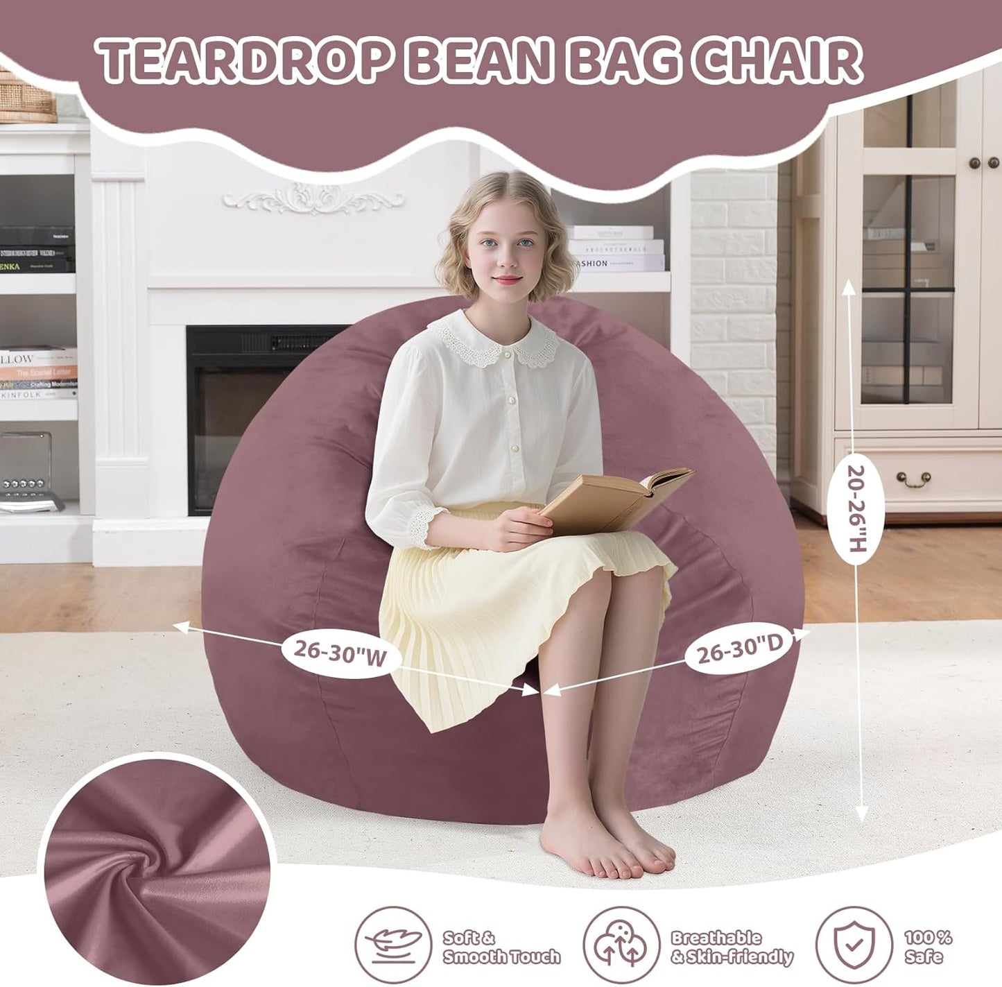 2FT Bean Bag Chair, Comfy Bean Bag Chairs with Memory Foam Filled, Fluffy Beanbag Sofa with Dutch Velvet Cover,Teardrop BeanBag Chairs for Living Room, Playroom - Dusty Pink