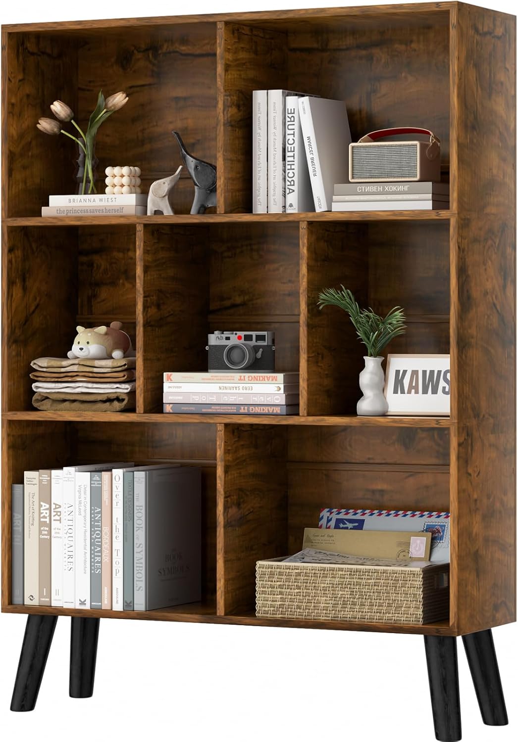 LEYAOYAO 7 Cube Bookshelf, 3 Tier Modern Bookcase with Legs, Mid-Century Modern Wood Book Shelves Storage, Rustic Brown Book Case, Freestanding Organizer Display Shelf for Bedroom,Living Room,Office