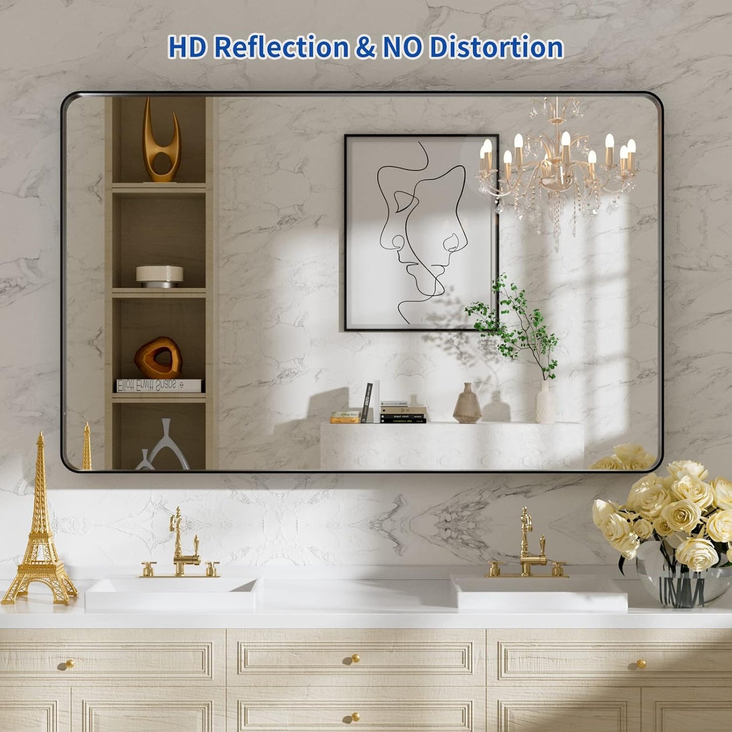 WEER Black Bathroom Mirror, 48X30 Inch Rectangular Matte Black Metal Framed for Wall, Farmhouse Black Vanity Mirror with Tempered Glass, Rounded Corner, Anti-Rust, Hangs Horizontal or Vertical