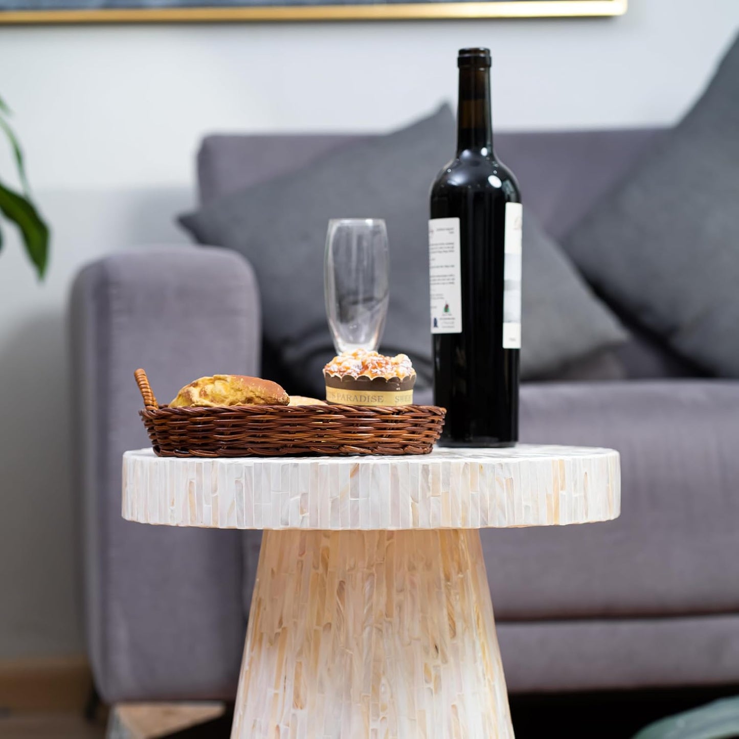 PEMAR Mother of Pearl Pedestal Side Table Modern Mushroom Minimalist Drink Accent End Table for Small Space, Bedside for Bedroom, Living Room, Hallway (White & Cream Sunlight)