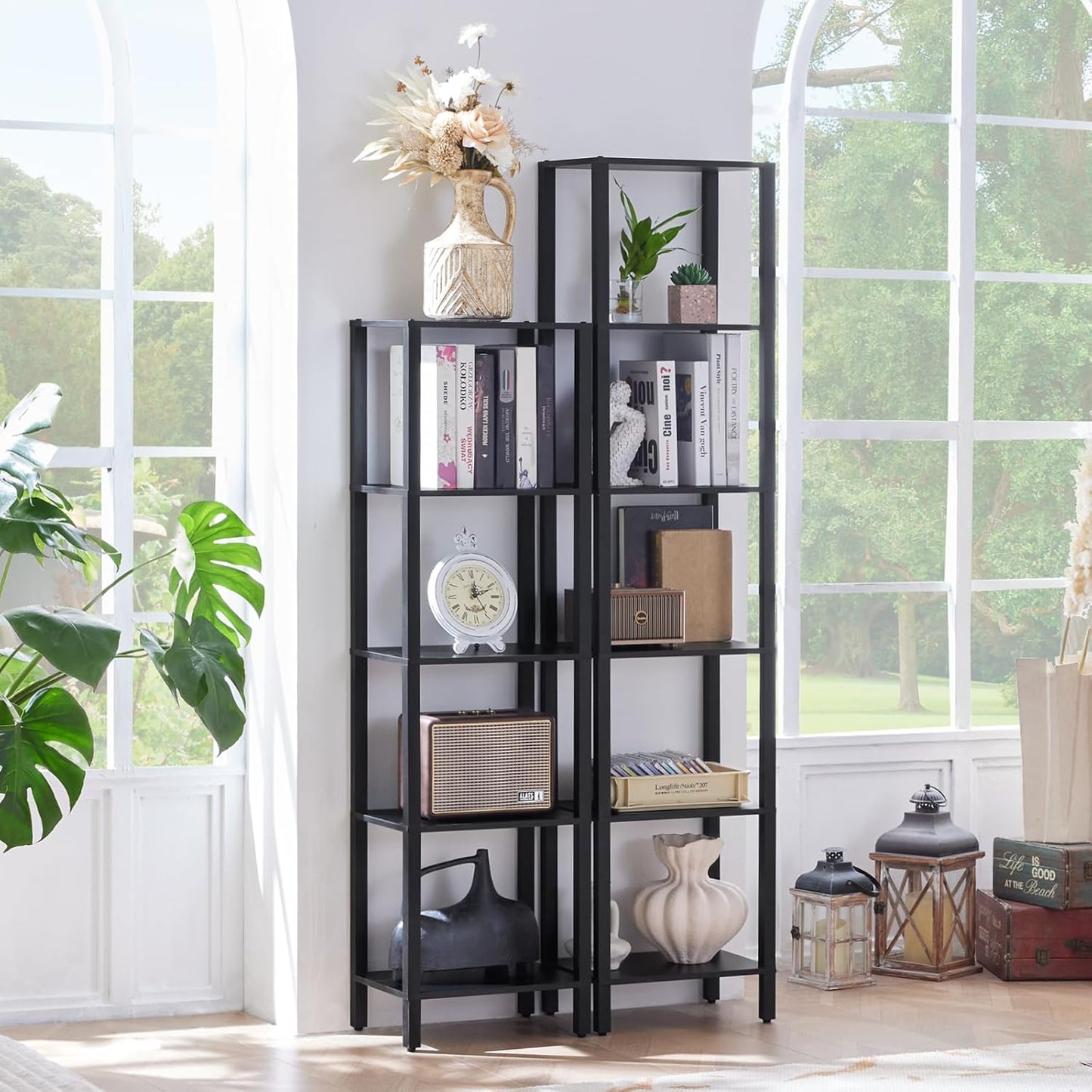 54in Tall Bookshelf 5-Tier Small Narrow Bookcase, Skinny Book Shelf for Small Space, Farmhouse Slim Shelf with Storage, Wood Freestanding Display Thin Bookshelves for Living Room, Office, Black