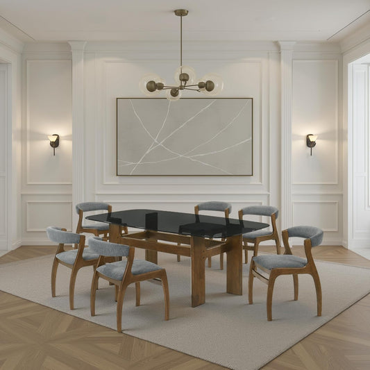 Armen living Ileena Mid-Century Modern 7-Piece Wood Dining Set in Walnut with Tempered Glass Top