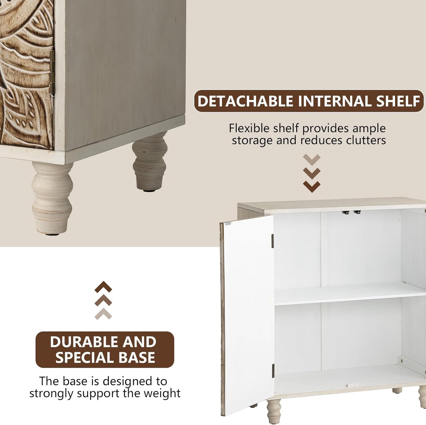 COSIEST Set of 2 32" Buffet Sideboard Cabinets with Storage, Accent Cabinet with Push-to-Open Doors, Vintage Lotus Carved Pinewood Doors, Entryway Console for Living Room, Kitchen, Hallway, Gray