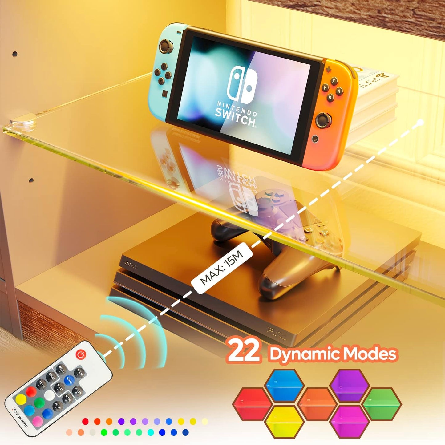 Bestier 70 Inch Led TV Stand for Large TVs - Modern Rustic Brown Entertainment Center with Adjustable Glass Shelves, Two Cabinets, 22 RGB Modes for Living Room Gaming