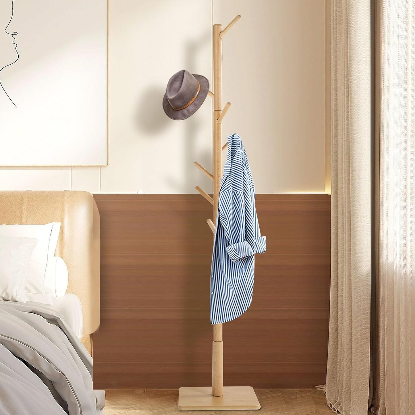 Yawinhe Coat Rack, Sturdy Wooden Coat Tree with 8 Hooks, 3 Adjustable Height for Bedroom, Hallway, Entrance, Office, 11.8 x 70.8 inches, Natural, 1-Pack, Square Base